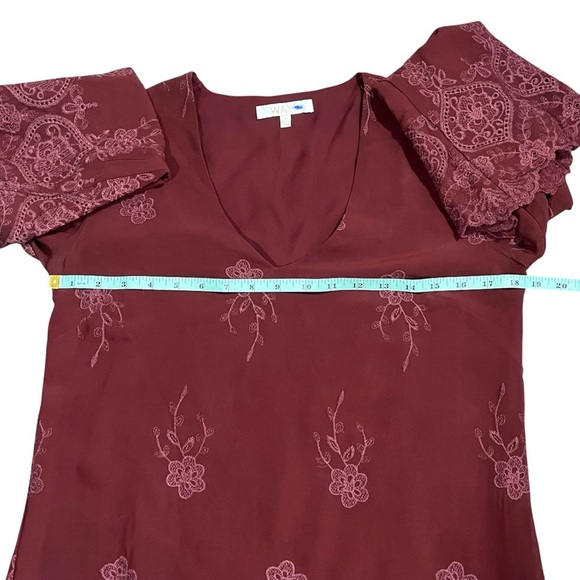 Wayf Burgundy Embroidered Flair Sleeved Dress sz S - Picture 8 of 13